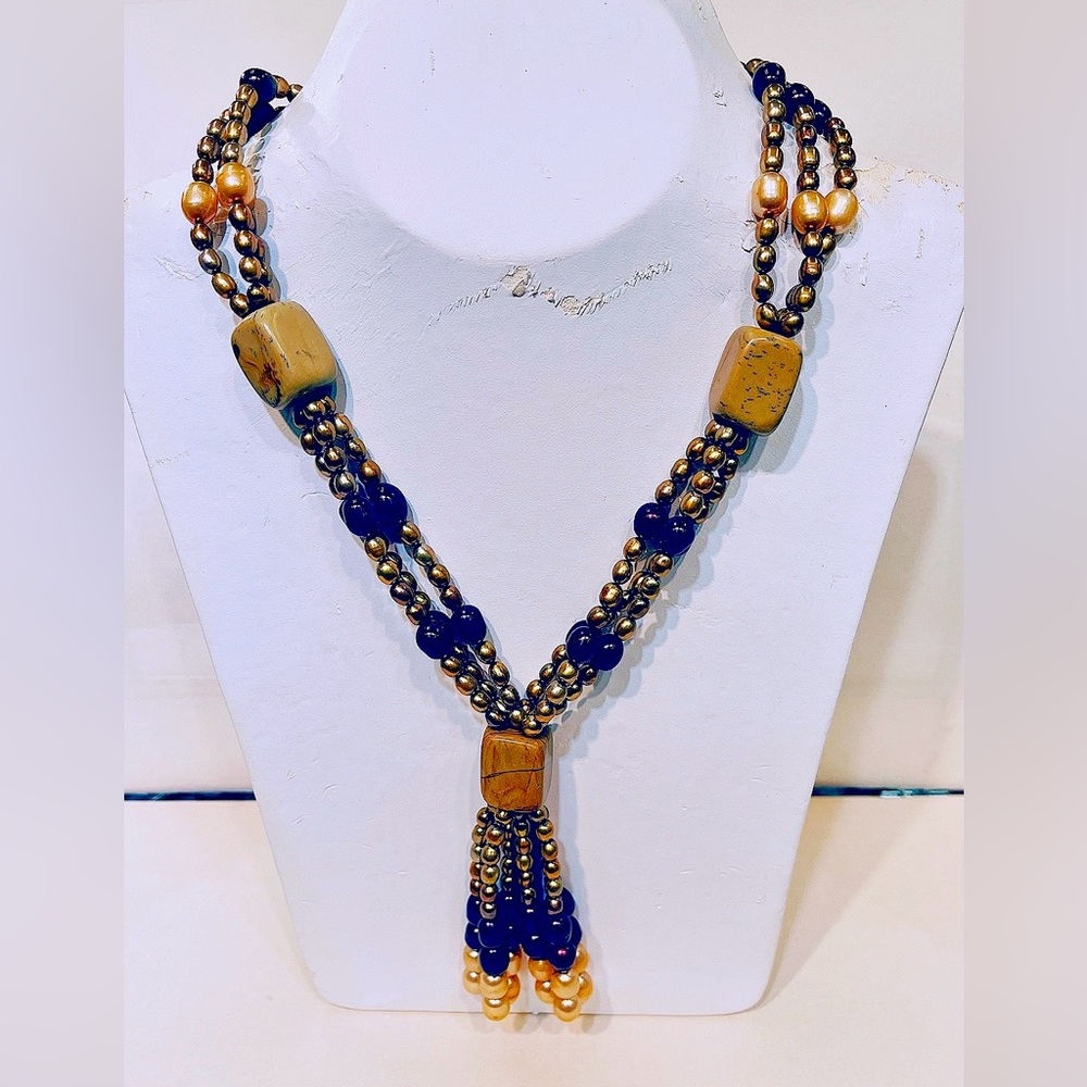 Handmade 3-strand gold brown cultured pearls jasper beads necklace & pendant
